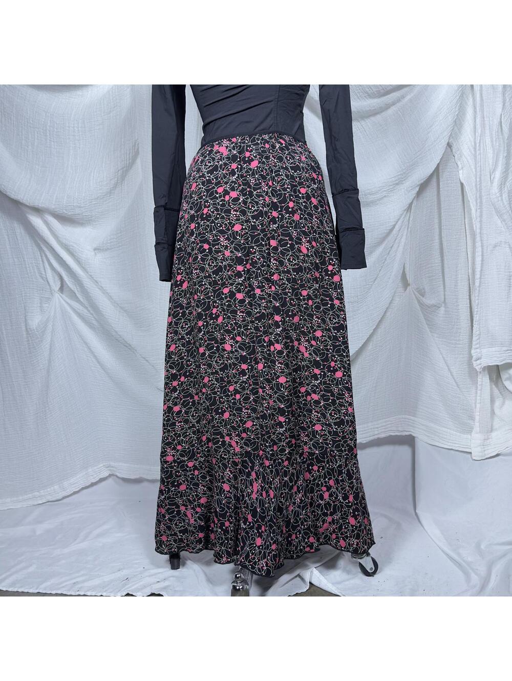 Y2k 2000s Whimsygoth Preppy Coquette Boho Black & Pink Floral Maxi Skirt (M) - Picture 4 of 5